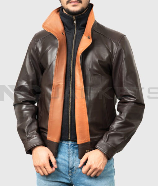 Pisces Men's Brown Leather Jacket - Black Leather Jacket for Men - Front Open View