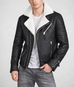 Ross Men&rsquo;s Black Shearling Leather Biker Jacket-Front