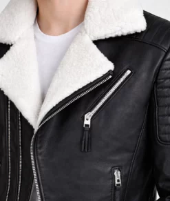 Ross Men&rsquo;s Black Shearling Leather Biker Jacket-Zoom