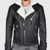 Ross Men's Black Shearling Leather Biker Jacket - Black Shearling Leather Biker Jacket for Men - Close Front View