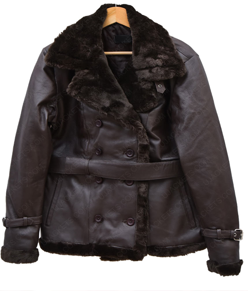 Belted Sheepskin Black Leather Jacket Coat For Women front