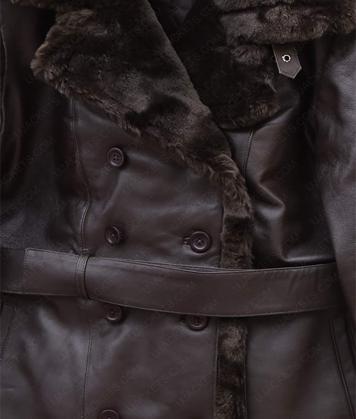 Belted Sheepskin Black Leather Jacket Coat For Women front