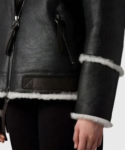 Paxley Womens Black B3 Bomber Leather Jacket - Black B3 Bomber Leather Jacket for Womens - Closeup Pockets & Zipper View
