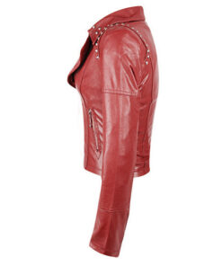 Red Color Genuine Jacket Silver Studded Slim Fit For Women