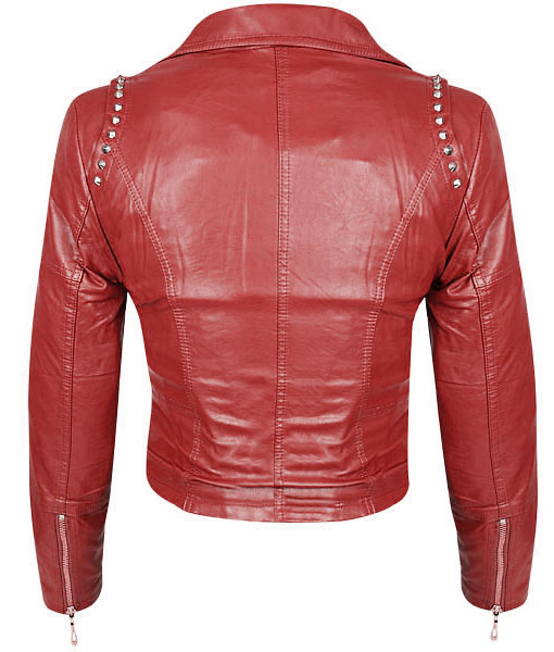 Red Color Genuine Biker Leather Jacket Silver Studded Slim Fit For Women