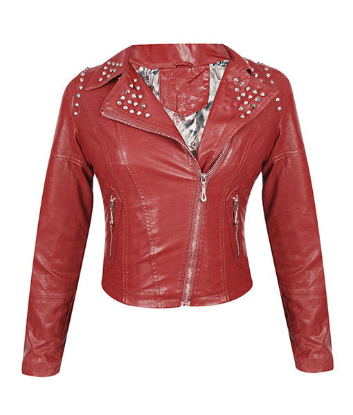 Red Color Leather Jacket Silver Studded For Women