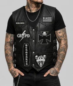 Black Society Mens Black Leather Vest-Front