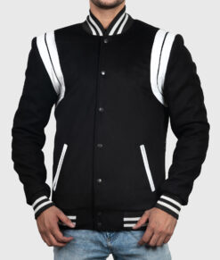 Isaac Men's Black Leather Varsity Jacket - Black Leather Varsity Jacket for Men - Front Close View