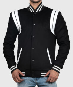 Isaac Men's Black Leather Varsity Jacket - Black Leather Varsity Jacket for Men - Front Close View