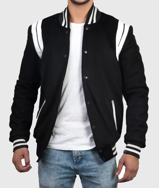 Isaac Men's Black Leather Varsity Jacket - Black Leather Varsity Jacket for Men - Front Open View