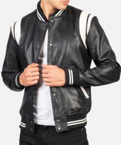 Isaac Men's Black Leather Varsity Jacket - Black Leather Varsity Jacket for Men - Front Open View 2