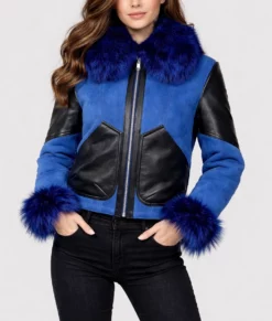 Elizabeth Women's Blue Bomber Leather Jacket-Front