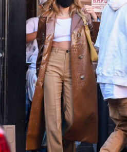 Hailey Bieber Brown Leather Coat