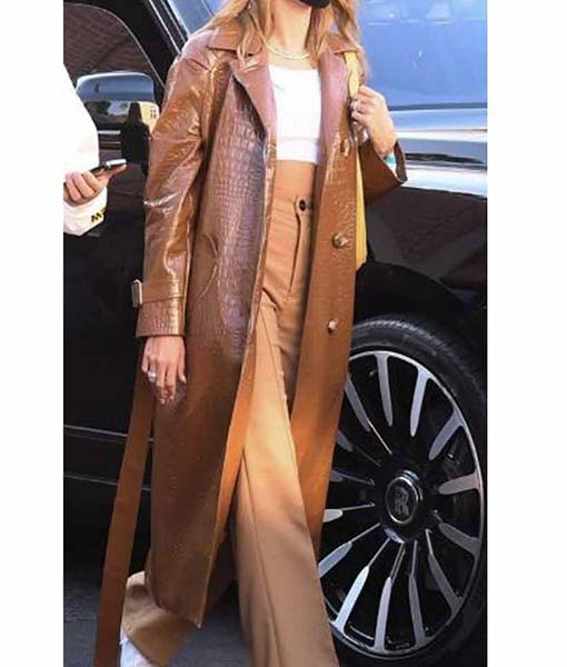 Hailey Bieber Brown Leather Coat