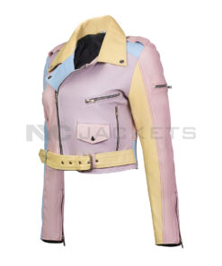 Dany Women's Rainbow Pastel Biker Leather Jacket - Rainbow Pastel Biker Leather Jacket for Women - Front Side View