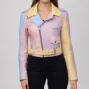Penny Women&rsquo;s Rainbow Pastel Cropped Biker Leather Jacket-Front