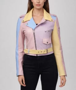 Penny Women&rsquo;s Rainbow Pastel Cropped Biker Leather Jacket-Front