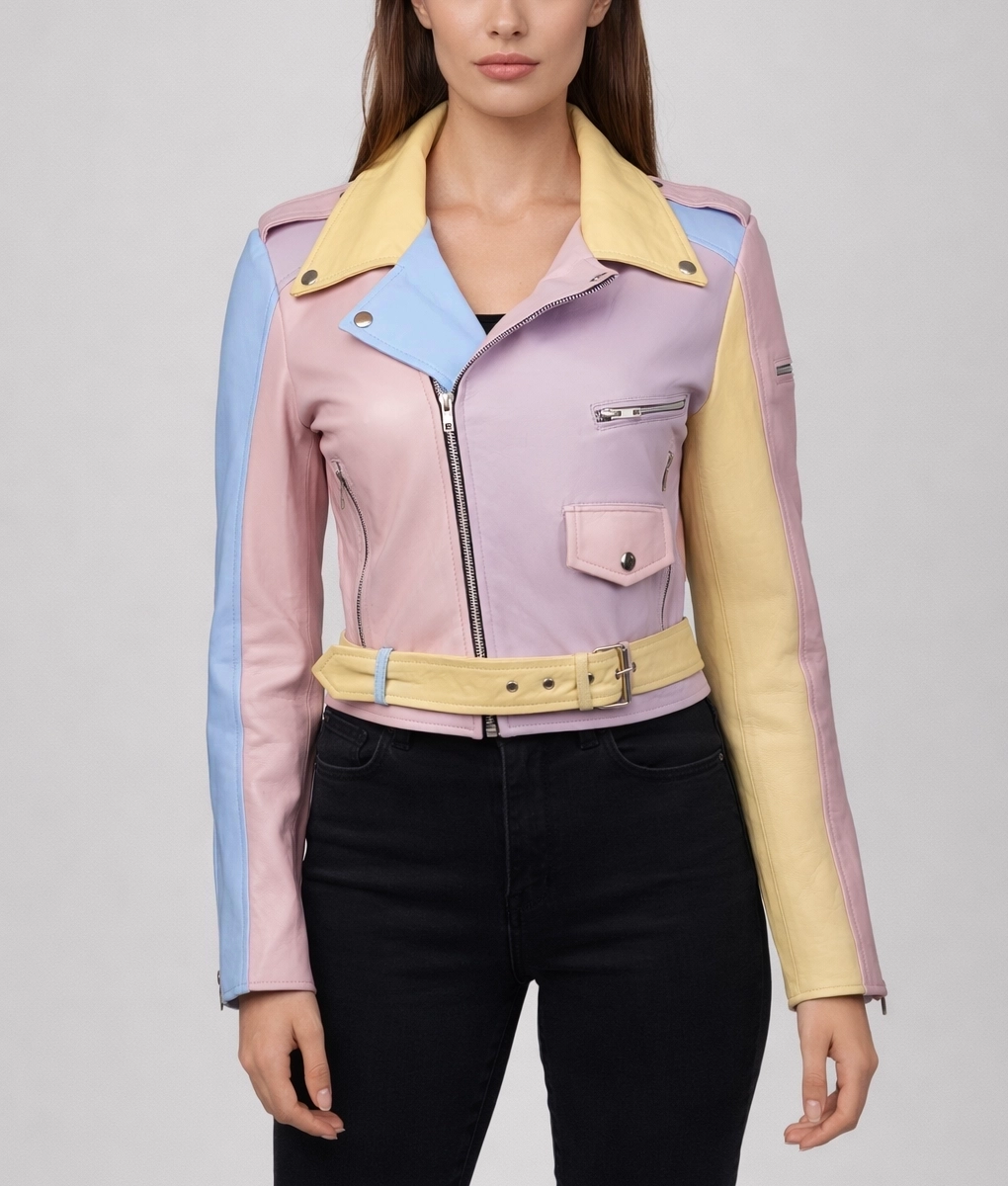 Penny Women’s Rainbow Pastel Cropped Biker Leather Jacket-Front
