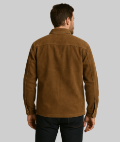 Men's Turn Down Collar Brown Leather Jacket-BackView