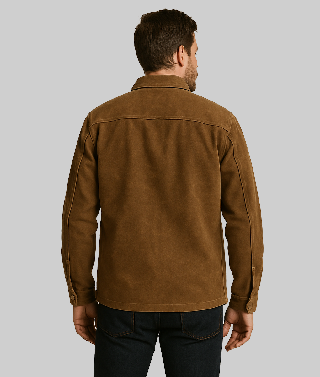 Men's Turn Down Collar Brown Leather Jacket-BackView