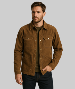 Men's Turn Down Collar Brown Leather Jacket-FrontView