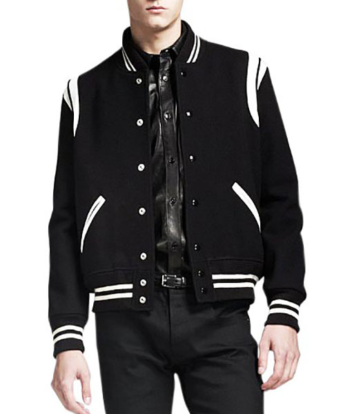 Black Letterman Jacket With White Detailing