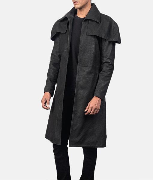 Men's Classic Distressed Black Leather Duster