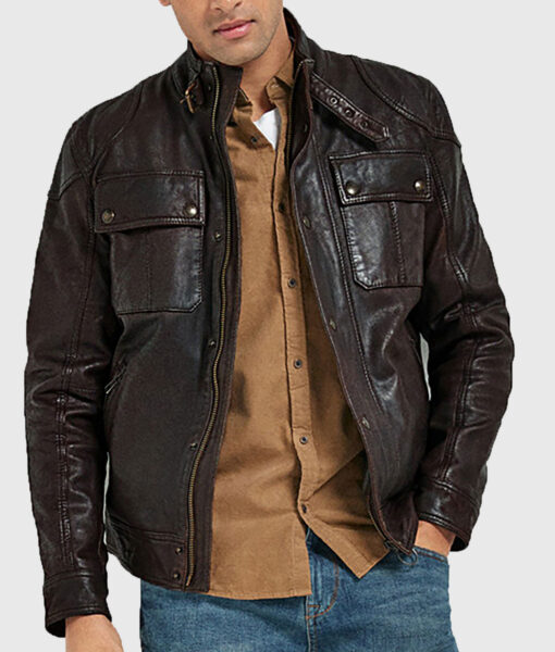 Albert Men's Brown Distressed Leather Biker Jacket - Brown Distressed Leather Biker Jacket for Men - Open Front View