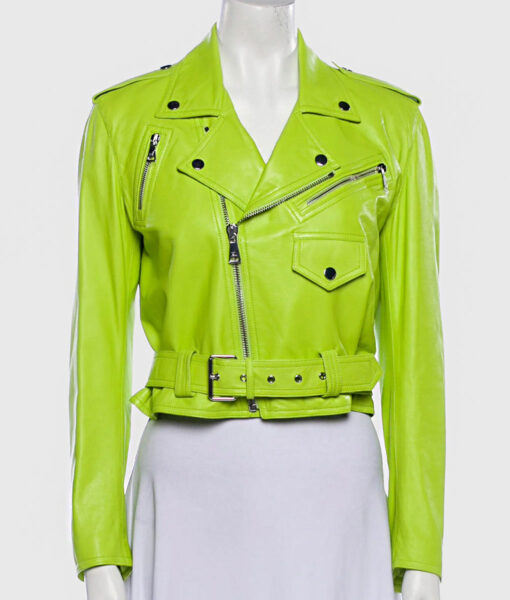 Katherine Women's Light Green Leather Biker Jacket - Light Green Leather Biker Jacket for Women - Front View
