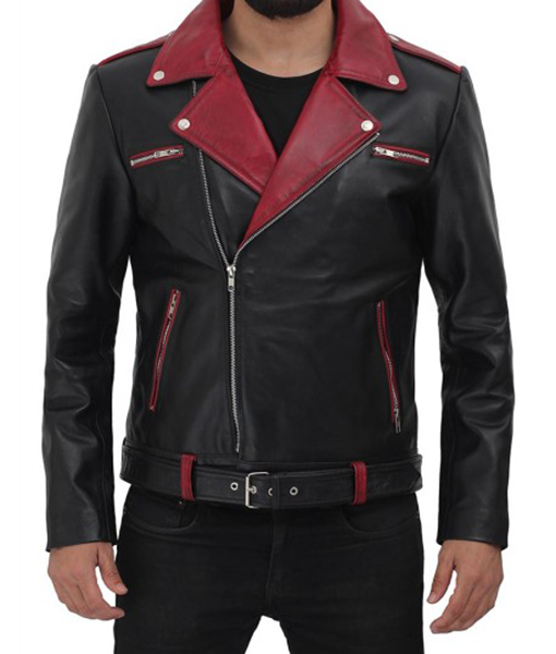Men's Black and Maroon Leather Jacket