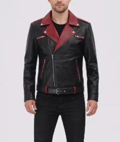 Nathan Men's Black Biker Leather Jacket-Front