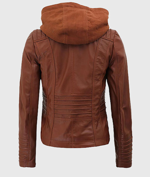 Tina Women's Cognac Hooded Leather Biker Jacket - Cognac Hooded Leather Biker Jacket for Women - Back View