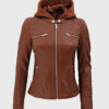 Tina Women's Cognac Hooded Leather Biker Jacket - Cognac Hooded Leather Biker Jacket for Women - Front View