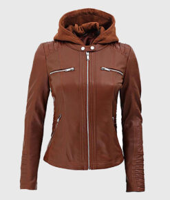 Tina Women's Cognac Hooded Leather Biker Jacket - Cognac Hooded Leather Biker Jacket for Women - Front View