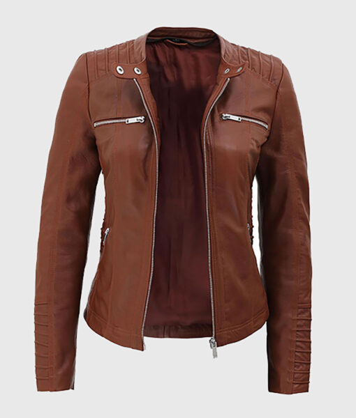 Tina Women's Cognac Hooded Leather Biker Jacket - Cognac Hooded Leather Biker Jacket for Women - Front without Hood View