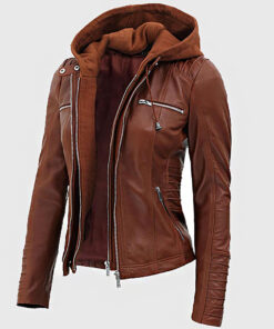 Tina Women's Cognac Hooded Leather Biker Jacket - Cognac Hooded Leather Biker Jacket for Women - Side View