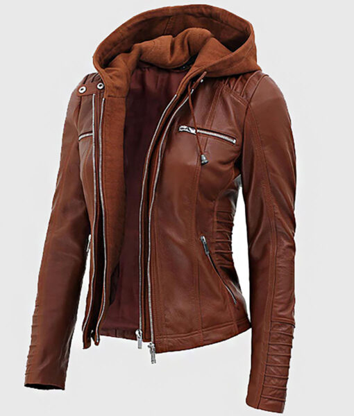 Tina Women's Cognac Hooded Leather Biker Jacket - Cognac Hooded Leather Biker Jacket for Women - Side View