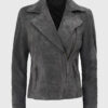 Lisa Women's Grey Suede Leather Biker Jacket - Grey Suede Leather Biker Jacket for Women - Front View