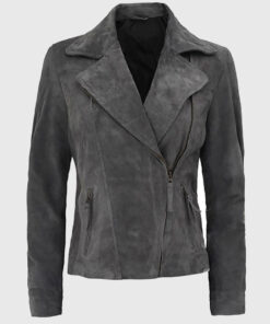 Lisa Women's Grey Suede Leather Biker Jacket - Grey Suede Leather Biker Jacket for Women - Front View