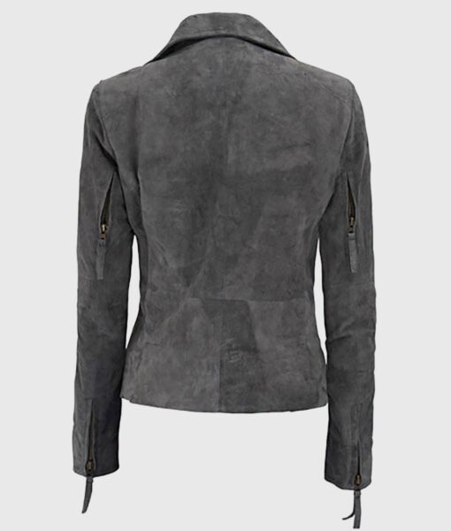 Lisa Women's Grey Suede Leather Biker Jacket - Grey Suede Leather Biker Jacket for Women - Back View