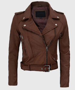 Seraphim Womens Brown Biker Leather Jacket - Front View