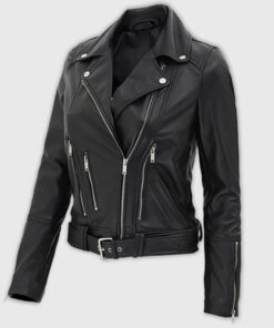 Zenon Womens Black Biker Leather Jacket - Black Biker Leather Jacket for Womens - Side View