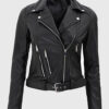 Zenon Womens Black Biker Leather Jacket - Black Biker Leather Jacket for Womens - Front View