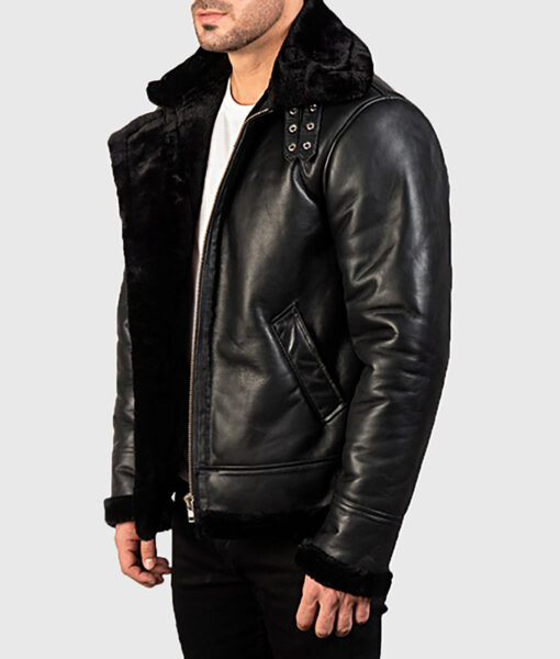 Orban Men's Black B-3 Bomber Leather Jacket - Black B-3 Bomber Leather Jacket for Men - Front Side View
