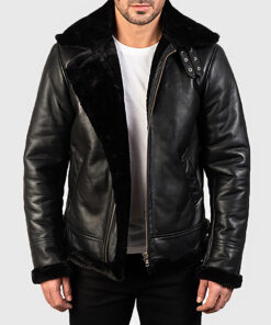 Orban Men's Black B-3 Bomber Leather Jacket - Black B-3 Bomber Leather Jacket for Men - Front Open View