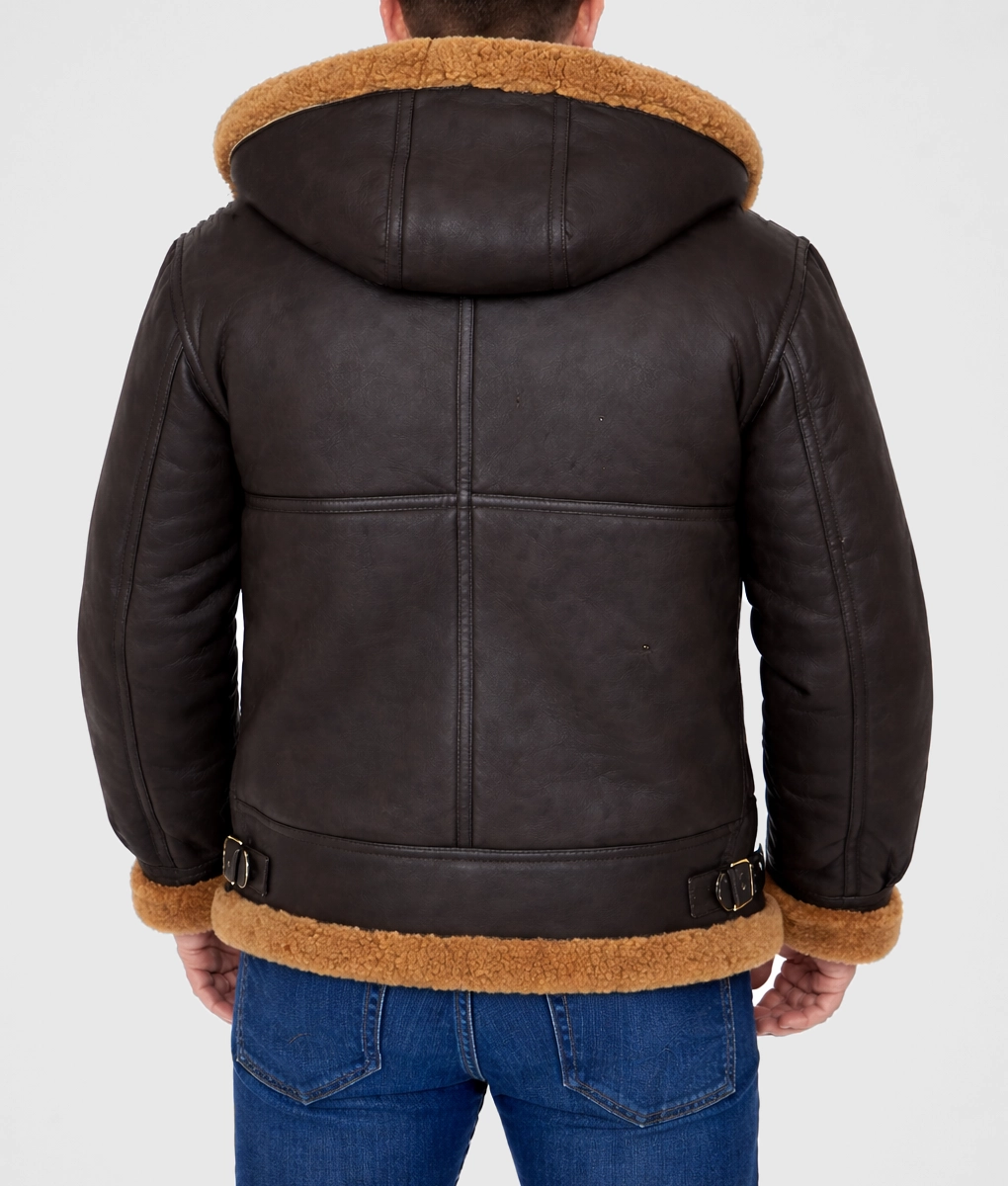 Victor Men's Black Hooded B-3 Bomber Leather Jacket-Back