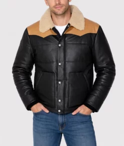 Nathan Men's Black Bomber Shearling Leather Jacket-Front
