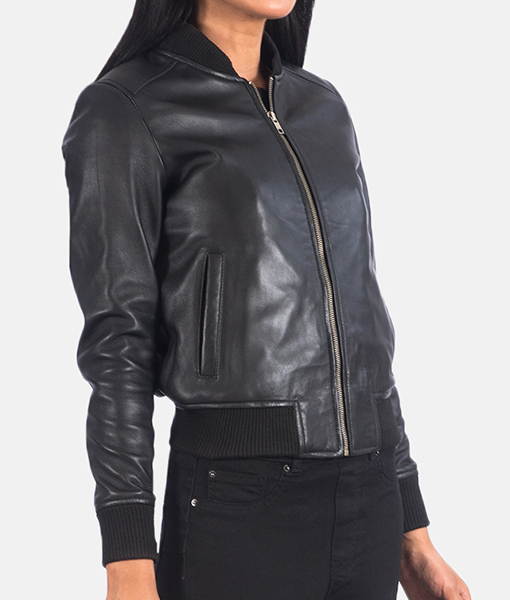 Anna Black Leather Bomber Jacket