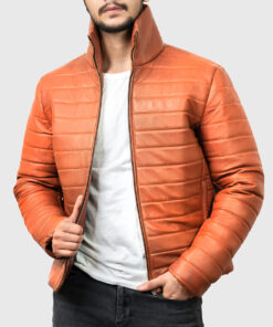 Comptan Men's Brown Quilted Bomber Leather Jacket - Brown Quilted Bomber Leather Jacket for Men - Front Open View