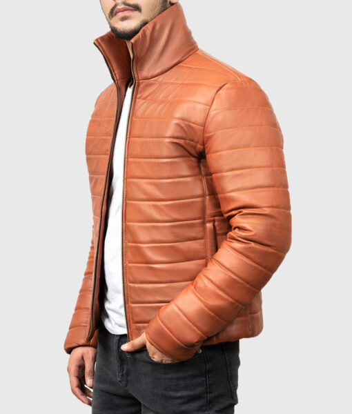 Comptan Men's Brown Quilted Bomber Leather Jacket - Brown Quilted Bomber Leather Jacket for Men - Side Open View